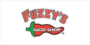 A red chili pepper logo for fuzzy 's taco shop.