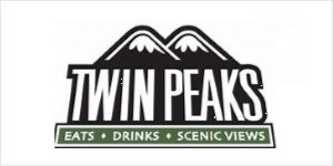 A logo of twin peaks restaurant and scenic view.